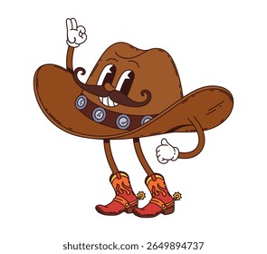 Groovy western cowboy hat character, Wild west hippie personage. Isolated cartoon vector brown, wide brimmed cap with smiling face, retro cowpuncher boots and mustaches showing ok sign
