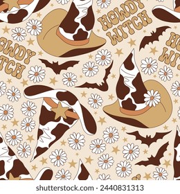 Groovy Western Halloween cow spots printed cowgirl sheriff witch hat costume vector seamless pattern. Hand drawn retro October 31 holiday howdy wild west aesthetic background.