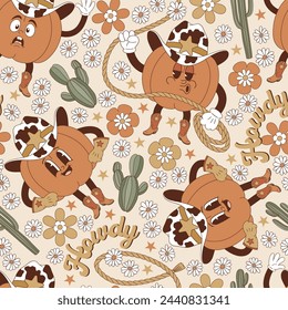 Groovy western Halloween cute catroon character cowboy pumpkin among flowers and cactus vector seamless pattern. Hand drawn retro October 31 holiday howdy wild west aesthetic floral background.