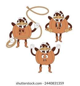 Groovy western Halloween cute catroon character cowboy pumpkin vector illustration set isolated on white. Hand drawn retro October 31 holiday howdy wild west aesthetic print poster postcard design.