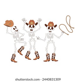 Groovy western Halloween dancing cowboy skeleton rodeo party vector illustration isolated on white. Hand drawn retro October 31 holiday howdy wild west aesthetic print poster postcard design.