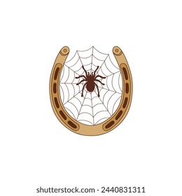 Groovy Western Halloween lucky horseshoe with spider on cobweb vector illustration isolated on white. Hand drawn retro October 31 holiday howdy wild west aesthetic print poster postcard design.