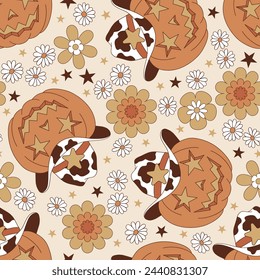 Groovy western Halloween pumpkin in cow spots printed sheriff or cowboy hat vector seamless pattern. Hand drawn retro October 31 holiday howdy wild west aesthetic floral background.