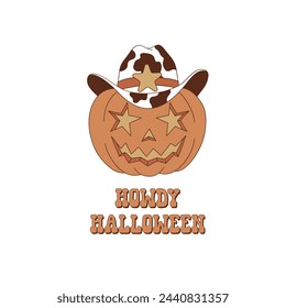 Groovy western Halloween pumpkin in cow spots printed sheriff or cowboy hat vector illustration isolated on white. Hand drawn retro October 31 holiday howdy wild west aesthetic print poster postcard