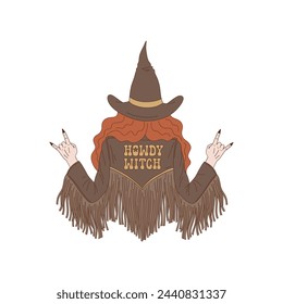 Groovy Western Halloween red hair cowgirl from the back in witch hat and leather jacket with fringe vector illustration isolated on white. Hand drawn retro October 31 holiday howdy wild west aesthetic