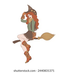 Groovy Western Halloween red hair cowgirl witch on broom vector illustration isolated on white. Hand drawn retro October 31 holiday howdy wild west aesthetic print poster postcard design.