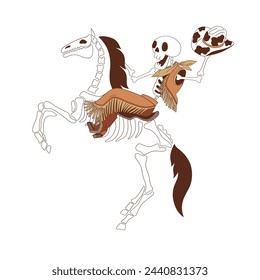 Esqueleto del vaquero del rodeo de Halloween occidental Groovy en ilustración vectorial a caballo aislado en blanco. Dibujado a mano retro 31 de octubre de vacaciones howdy wild west estampado estético cartel diseño de postal.