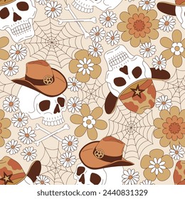 Groovy western Halloween skull in cowboy or sheriff hat among cobweb and flowers vector seamless pattern. Hand drawn retro October 31 holiday howdy wild west aesthetic floral background.