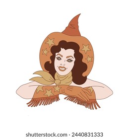 Groovy Western retro 50s pinup woman cowgirl in witch Halloween costume vector illustration isolated on white. Hand drawn retro October 31 holiday howdy wild west aesthetic print poster postcard