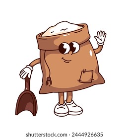 Groovy wheat flour bag cartoon character with wooden shovel. Funny retro burlap sack waving with smile, bakery ingredient mascot, cartoon container sticker of 70s 80s style vector illustration