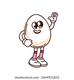 Groovy huevo blanco personaje de dibujos animados saludo con sonrisa. Divertido huevo retro agitando la mano para decir Hola y bienvenido, mascota de la nutrición, etiqueta engomada del producto de la granja de aves de dibujos animados del estilo de los años 70 y 80 Ilustración vectorial