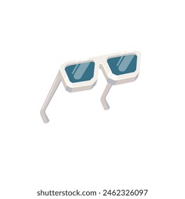 Groovy white retro sunglasses with blue lens isolated on white background. Cartoon funny kids white summer sunglasses icon, label and sign. Cool hipster Sunglasses vector graphic illustration