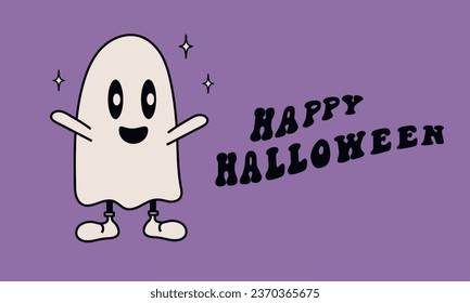 Groovy white sheet ghost. Vintage halloween ghost character. Retro halloween desing.Yappy Halloween