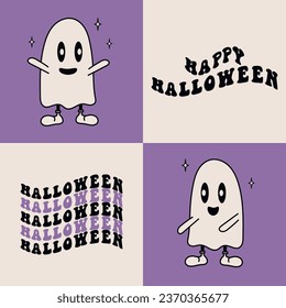 Groovy white sheet ghost. Vintage halloween ghost character. Retro halloween desing.Yappy Halloween