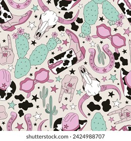 Groovy wild west cowgirl disco party vector seamless pattern. Cow spotted female cowboy boots and sheriff hat, bull skull, woman hand with rock gesture, cactus, lucky horseshoe, lips shape sunglasses