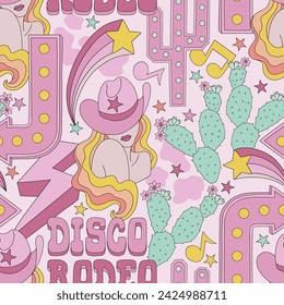 Groovy wild west cowgirl disco rodeo party vector seamless pattern. Light bulb arrow and cactus sign, woman with long curly blond hair style in a pink sheriff hat, pink electric lightning thunderbolt