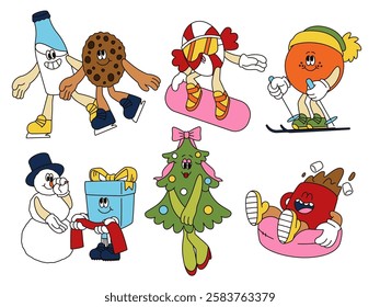 Groovy winter mascot. Comic icons of 80s. Retro character on ski. Vintage snow emoji. Funny fruit. Funky Christmas fir tree. Milk bottle with cookie. Sticker for holiday. Vector doodle emoticons set