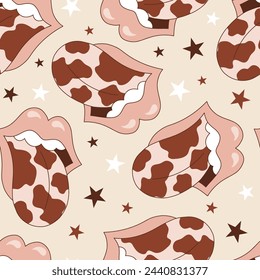 Groovy woman cowgirl lips with cow spots printed tongue out vector seamless pattern. Hand drawn retro howdy wild west aesthetic background.