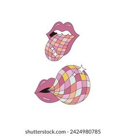 Groovy woman lips in pink lip gloss with tongue out and gum bubble in the form of sparkling disco ball vector illustration set isolated on white. Retro party 60s 70s 80s cowgirl disco print collection