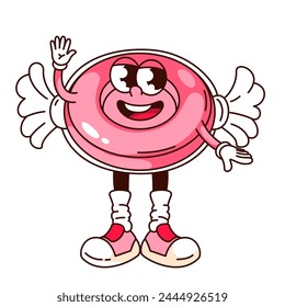 Groovy wrapped pink candy cartoon character waving to say Hello. Funny retro candy with transparent wrapper and strawberry flavor, sweets mascot, cartoon sticker of 70s 80s style vector illustration