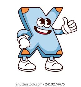 Groovy X alphabet letter cartoon character with thumbs up. Funny retro font mascot with laugh on face, cartoon blue X letter with orange corners, typography sticker of 70s 80s vector illustration