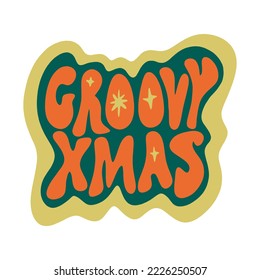 Groovy Xmas Scandinavian style childish hand drawn groovy lettering quote isolated on white background in golden frame. Vector clipart type hippie sixties vintage illustration. Modern New Year and