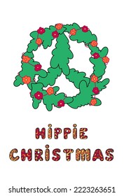 Groovy Xmas spruce wreath with daisy garland and Hippie Christmas lettering. Peace sign vector illustration. Retro vibes 60s, 70s. For greeting postcard, invitations, print.