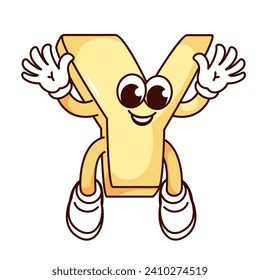 Groovy Y alphabet letter cartoon character jumping with hands up. Funny retro typography mascot, cartoon cheerful yellow Y letter of balloon font. Comic emoji, sticker of 70s 80s vector illustration