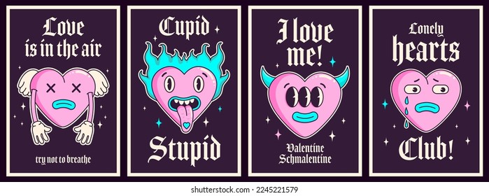 Groovy y2k anti valentines day conception poster with goth slogan.Trendy gothic emo style 2000s. Happy Valentines day greeting card. Sad background. Creepy weird teen Valentine's day concept. Retro.