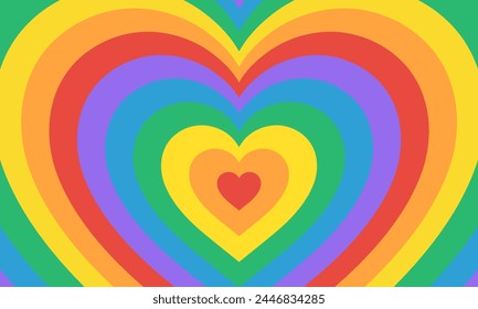 Groovy Y2K background. Tunnel of Concentric hearts in rainbow progress flag colors. Vector illustration 