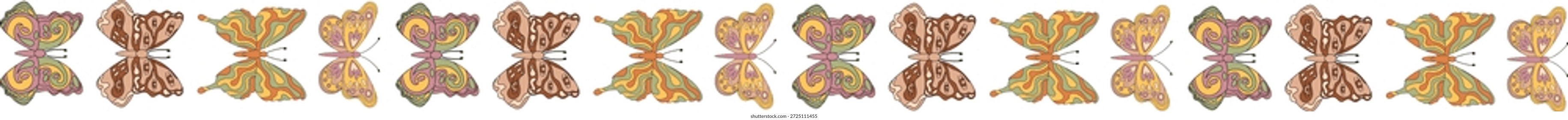Padrão de borda borboleta Groovy2k no estilo funky dos anos 70. Motivo floral vibrante com influência retrô colorida, design divertido e divertido com um toque vintage para fundos criativos e