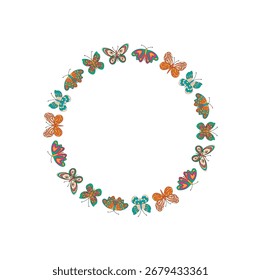 Borda de círculo borboleta Groovy2k no estilo de padrão de mola. Quadro floral colorido, detalhe retro da natureza e gráfico contemporâneo para fundos únicos ou projetos criativos.