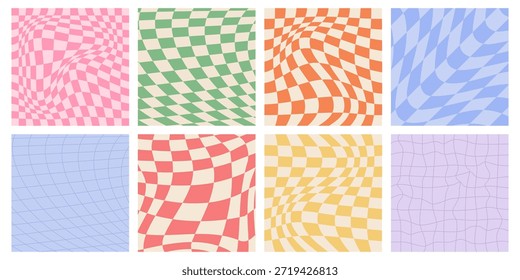 Grooves Y2K-Schachbrettmuster mit retro-verzerrten Gitterhintergründen in Pastellfarben. Verzerrte Schachtexturen und wellenförmige geometrische Designs mit trippigem optischen Illusionseffekt für Vintage-Poster.