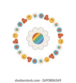 Groovy y2k circle border pattern with heart and daisy flower shapes. Colorful smiley and rainbow accents form a retro background in a fun style, perfect for modern decor or cheerful