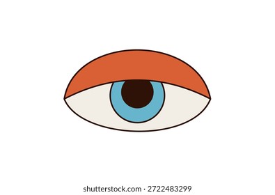 Ojo Groovy y2k en estilo de pegatina pop psicodélico. Símbolo de ojo funky y colorido como un elemento groovy con aspecto gráfico retro. Etiqueta engomada elegante para los proyectos visuales de moda o modernos.