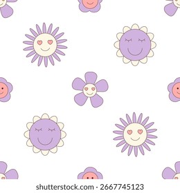 Groovy y2k flower pattern in seamless background with cute pink heart and happy smile graphic. retro style creates playful, modern feel, perfect for trendy wallpaper or print.
