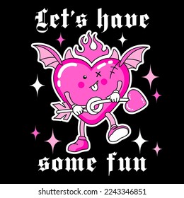 Groovy y2k print, sticker with devil heart with fun goth slogan. Cartoon cupid character in seams with hell wings. Creepy weird black and pink teen Valentine's day concept. Retro funky style.