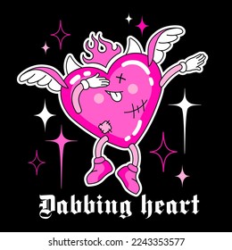 Groovy y2k print, sticker with devil dabbing dance heart fun goth slogan. Cartoon cupid character in seams with wings. Creepy weird black and pink teen Valentine's day concept. Funky print or sticker.