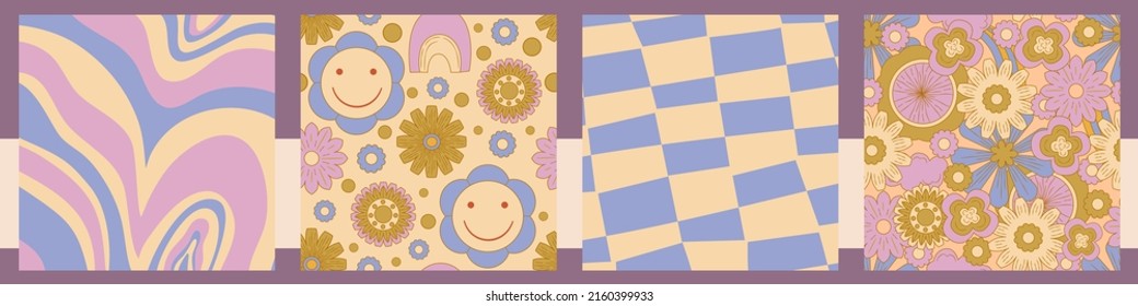 Groovy-y2k-Retrohintergrund mit Blume, Schachbrett und wirlem Hintergrund der 70er Jahre. Daisy Blumendesign. Abstrakter, trendiger, bunter Druck. Vektorgrafik. Vintage-Druck. Psychedelische Tapete.