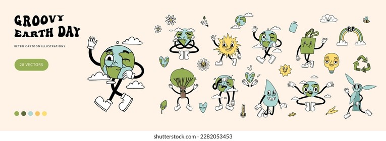 Groovy y2k retro eco cartoon elements set. Happy earth day ecology sticker design collection. Environment day trendy graphic. Isolated on white background. Ecological vector illustration