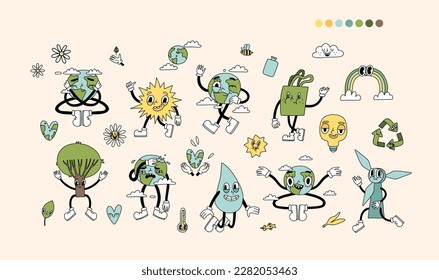 Juego de elementos de dibujos animados ecológicos Groovy y2k retro. Colección de diseño de stickers ecológicos del feliz día de la Tierra. Gráfico de moda del Día del Medio Ambiente. Aislado sobre fondo blanco. Ilustración vectorial ecológica