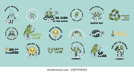 Pegatinas de dibujos animados ecológicos Groovy y2k retro. Colección de diseño de stickers ecológicos del feliz día de la Tierra. Bandas de moda del Día del Medio Ambiente. Aislado en un fondo oscuro. Ilustración vectorial ecológica