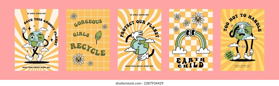 Groovy y2k retro eco cartoon poster set. Happy earth day ecology cards templates, eco design collection. Environment day trendy posters. Isolated on bright background. Ecological vector illustration