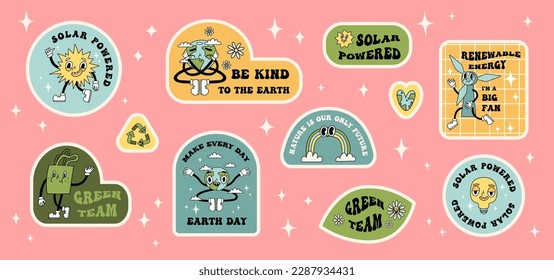 Pegatinas de dibujos animados ecológicos Groovy y2k retro. Colección de diseño de stickers ecológicos del feliz día de la Tierra. Bandas de moda del Día del Medio Ambiente. Aislado en un fondo oscuro. Ilustración vectorial ecológica