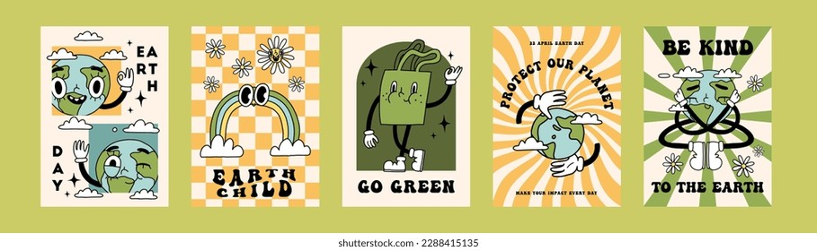 Groovy y2k retro eco cartoon poster set. Happy earth day ecology cards templates, eco design collection. Environment day trendy posters. Isolated on bright background. Ecological vector illustration