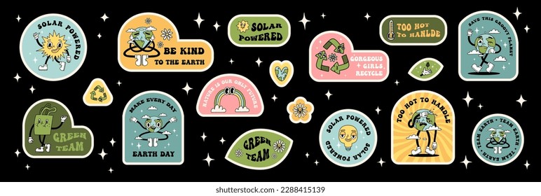 Pegatinas de dibujos animados ecológicos Groovy y2k retro. Colección de diseño de stickers ecológicos del feliz día de la Tierra. Bandas de moda del Día del Medio Ambiente. Aislado en un fondo oscuro. Ilustración vectorial ecológica