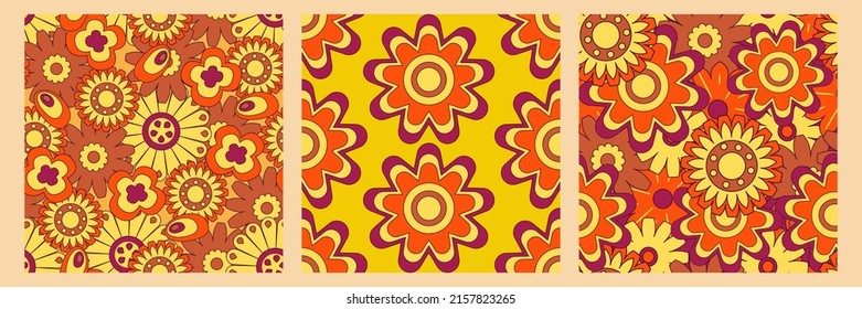 Groovy y2k retro pattern with flower and swirl 70s background. Daisy flower design. Abstract trendy colorful print. Vector illustration graphic. Vintage print. Psychedelic wallpaper