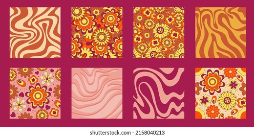 Groovy y2k patrón retro con flor y fondo giratorio de los 70. Diseño de flores de margarita. Resumen de la impresión colorida a la moda. Gráfico de ilustración vectorial. Impresión vintage. Papel pintado psicodélico.