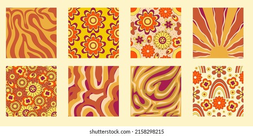 Groovy y2k retro pattern with flower and swirl 70s background. Daisy flower design. Abstract trendy colorful print. Vector illustration graphic. Vintage print. Psychedelic wallpaper.