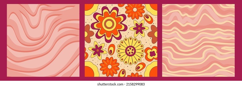 Groovy y2k retro pattern with flower and swirl 70s background. Daisy flower design. Abstract trendy colorful print. Vector illustration graphic. Vintage print. Psychedelic wallpaper